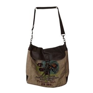 American Glory Bee Brand Messenger Bag Graphic Distressed Leather‎ Linen Straps